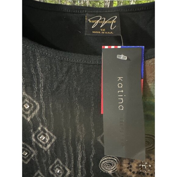 Katina Marie Womens 1X Multicolor Abstract Print 3/4 Sleeve Top Artsy Style - Picture 2 of 4